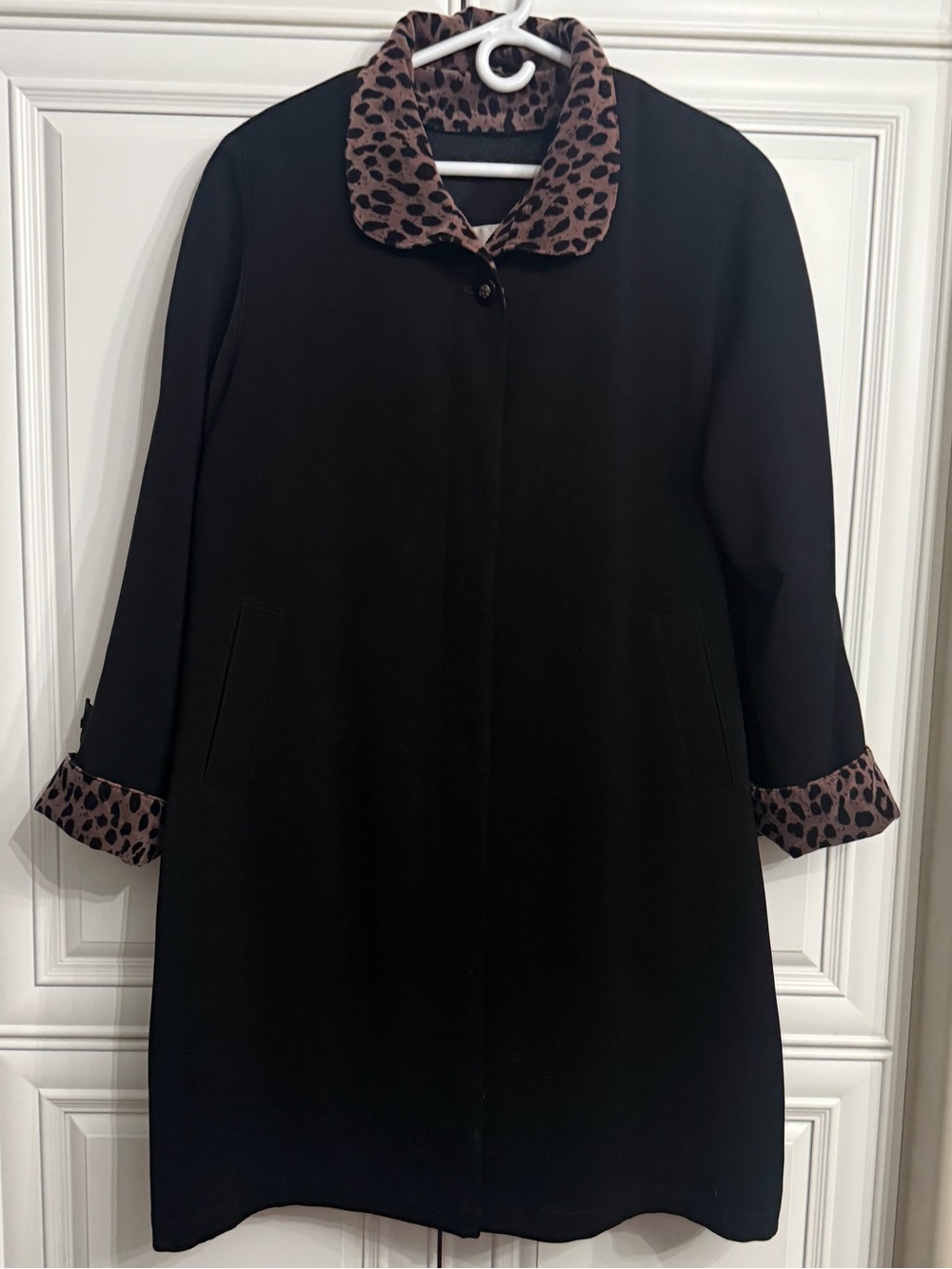 VTG Rainshedder Black Trench Coat Leopard Print Trim Zip Out Wool Blend Lining